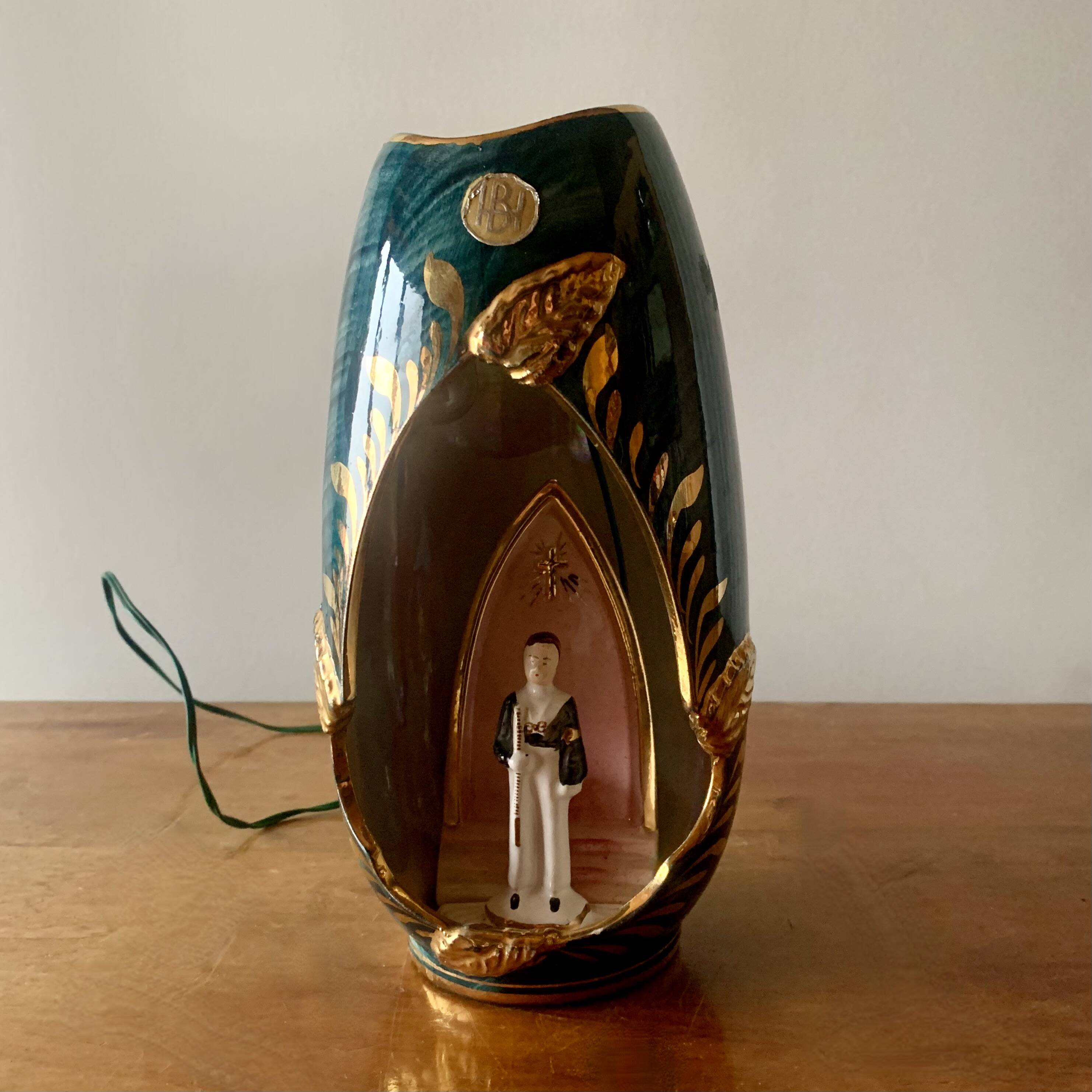 Old glazed ceramic bedside lamp - Bequet - Made in Belgium