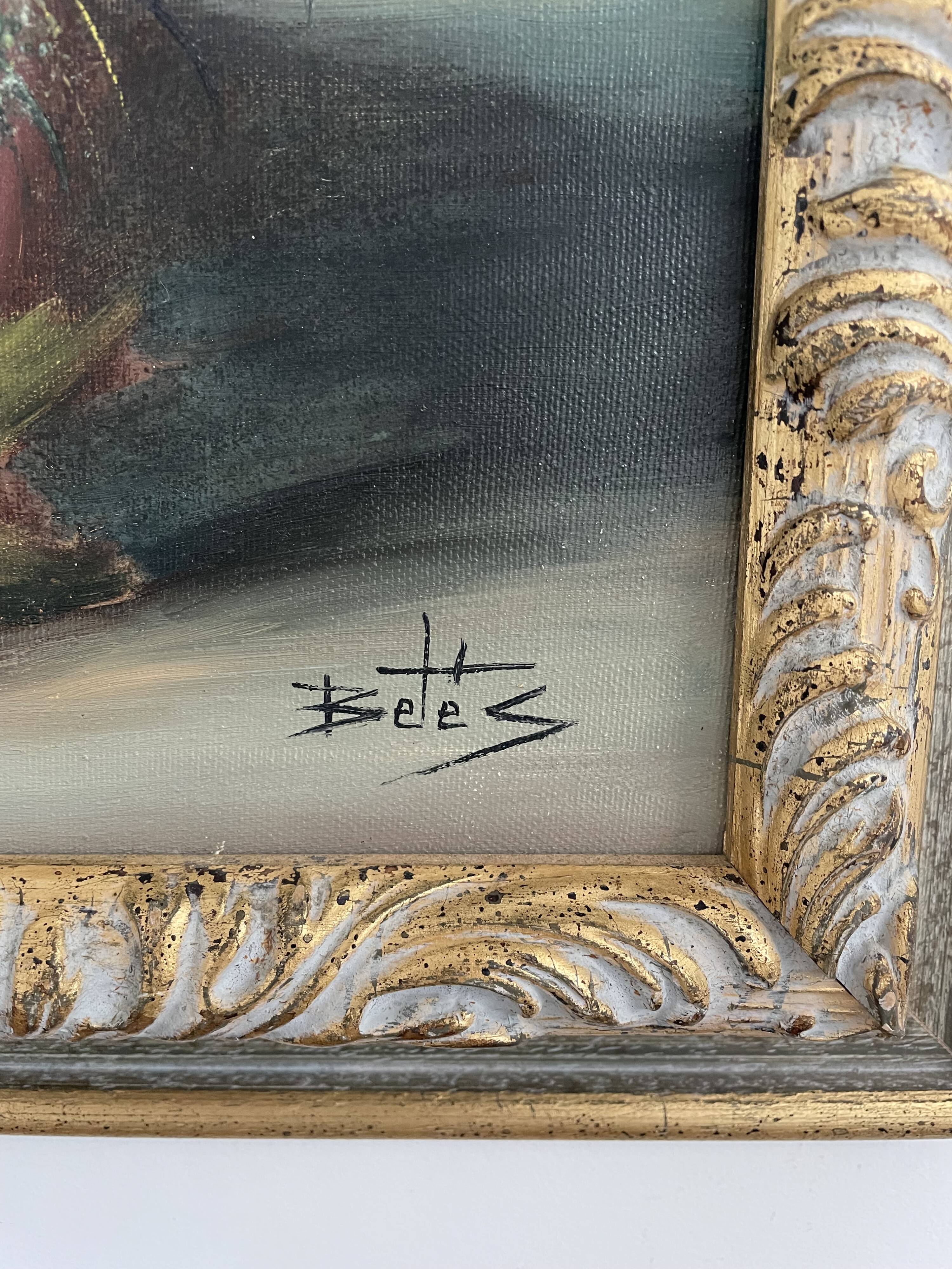 Oil painting, still life with bouquet, flowers, signed betez, floral decor, wooden frame, art