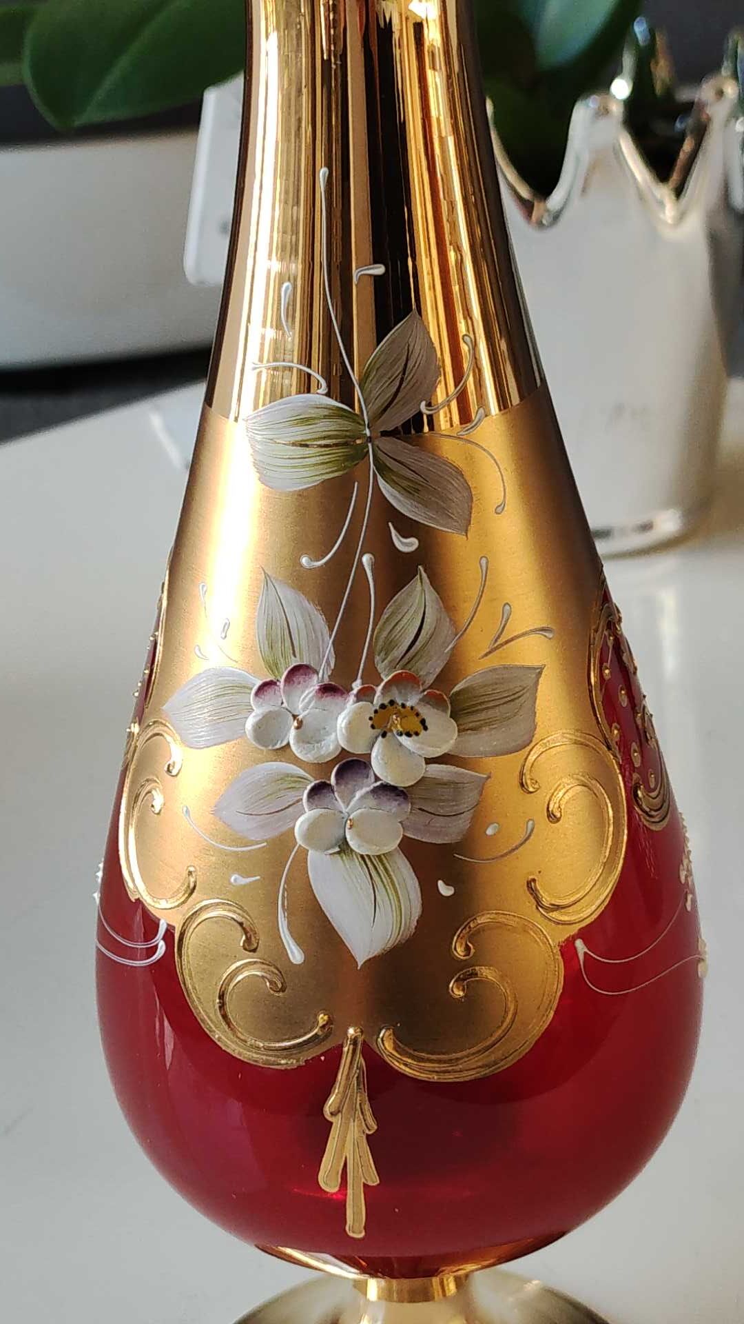 Vase/Ewer in blown Murano Art Glass/Trefuochi model, in ruby red & gold colours