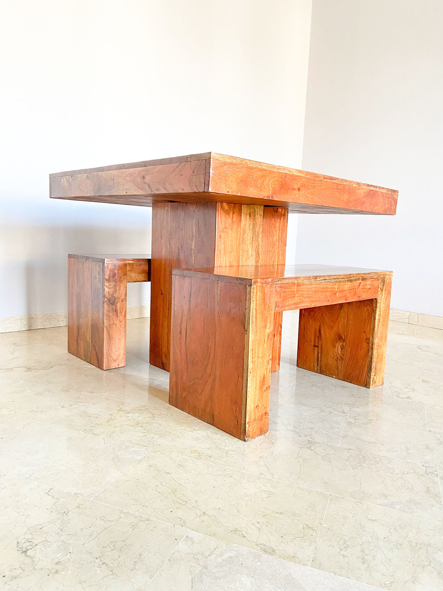 Set dining table plus 2 benches in solid teak wood, Italy 1970s