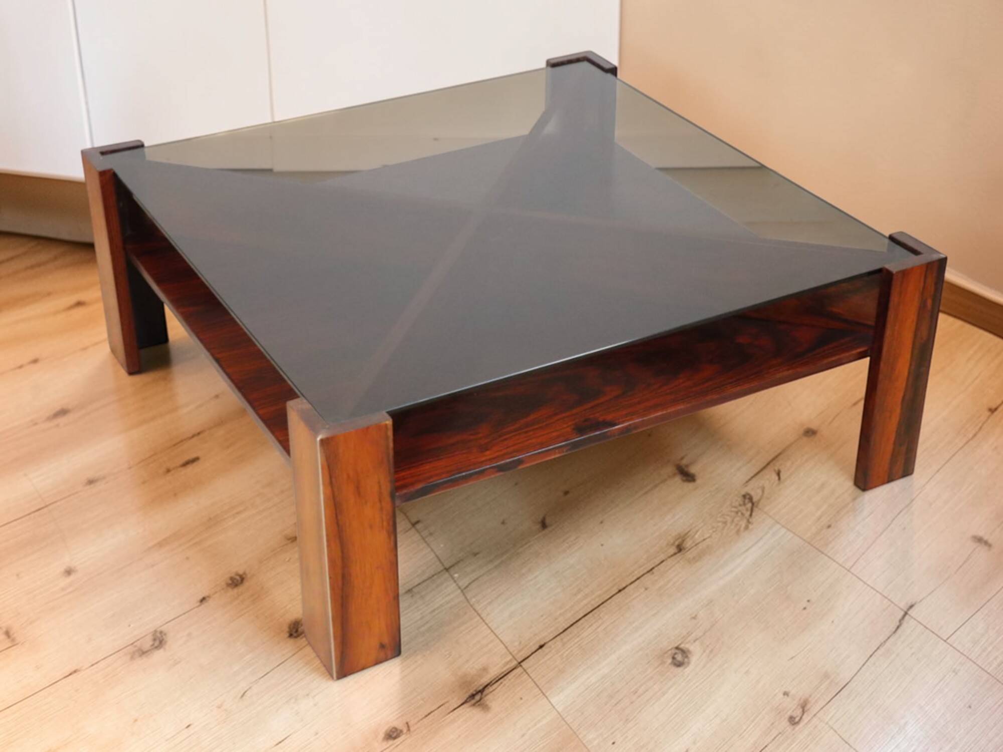 Scandinavian coffee table Mobelintarsia – Rosewood & smoked glass – 1960s