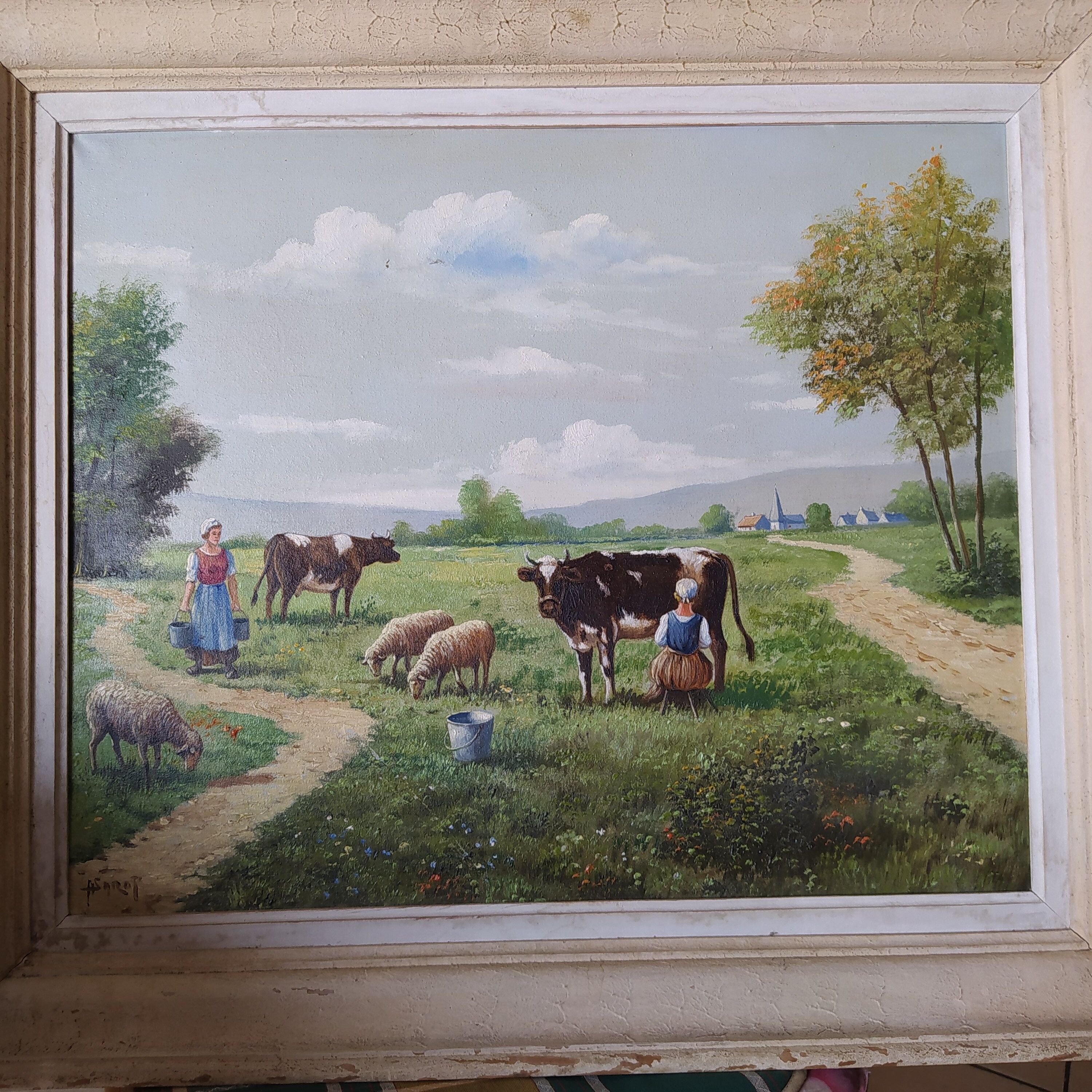 Tableau ancien 1950 la traite des vaches signee R Sarot