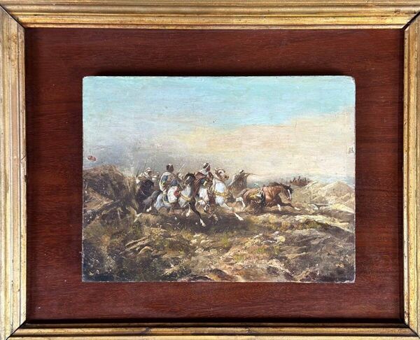 Scène de bataille orientaliste, huile sur panneau dans le goût de Georges Washington