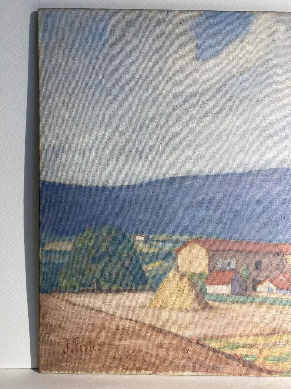 Old painting, landscape Monts du Lyonnais, signed and dated 1947