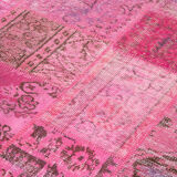 Handmade turkish overdyed 170 cm x 241 cm pink patchwork carpet