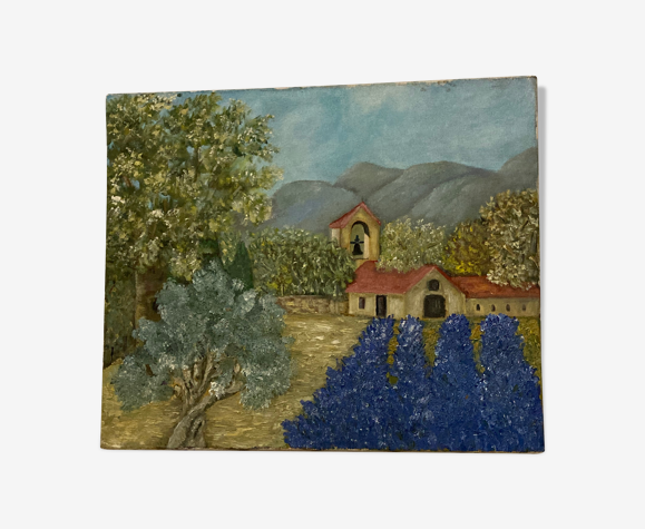 Huile sur toile « clocher »