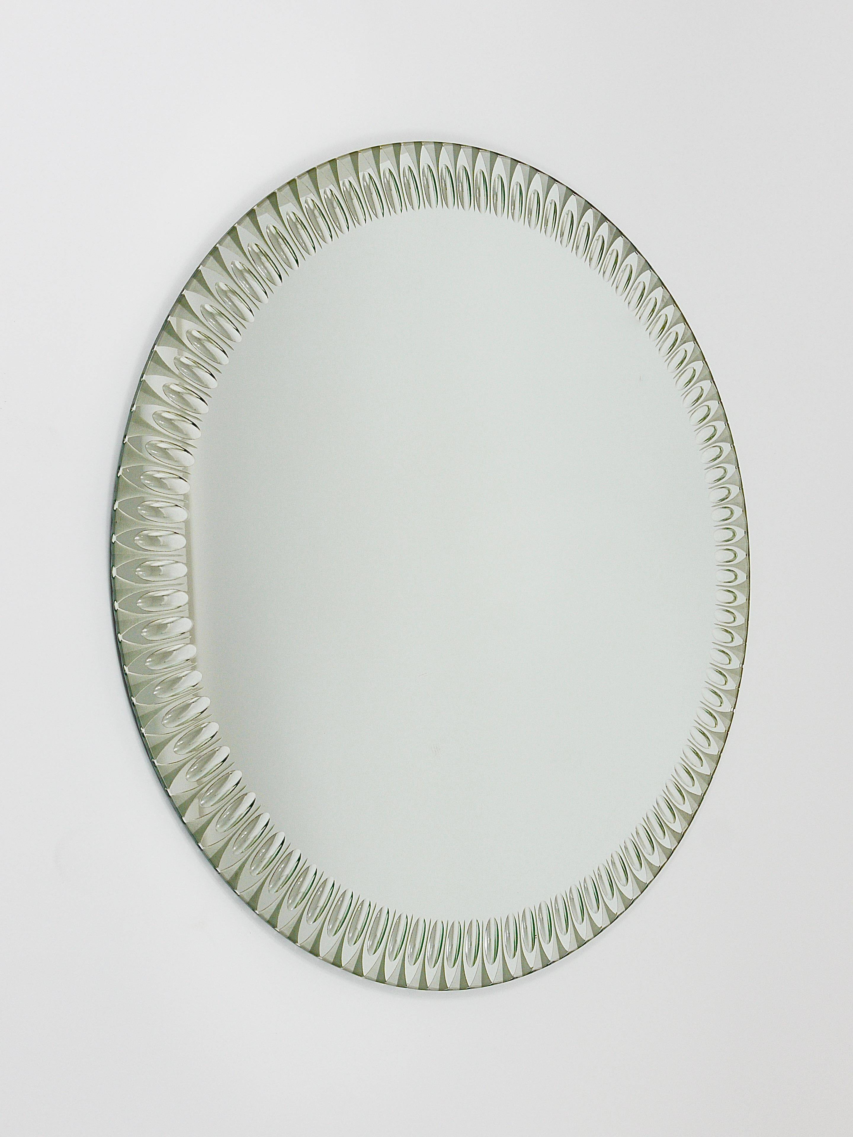 Miroir Mural Rond Facetté Effet Optique Cristal Arte Exceptionnel, Italie, Années 1960