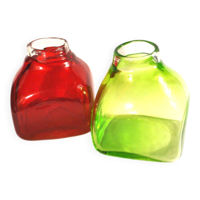 Lot 2 vases carré design 1970 verre soufflé doublé vert rouge dlg whitefriars