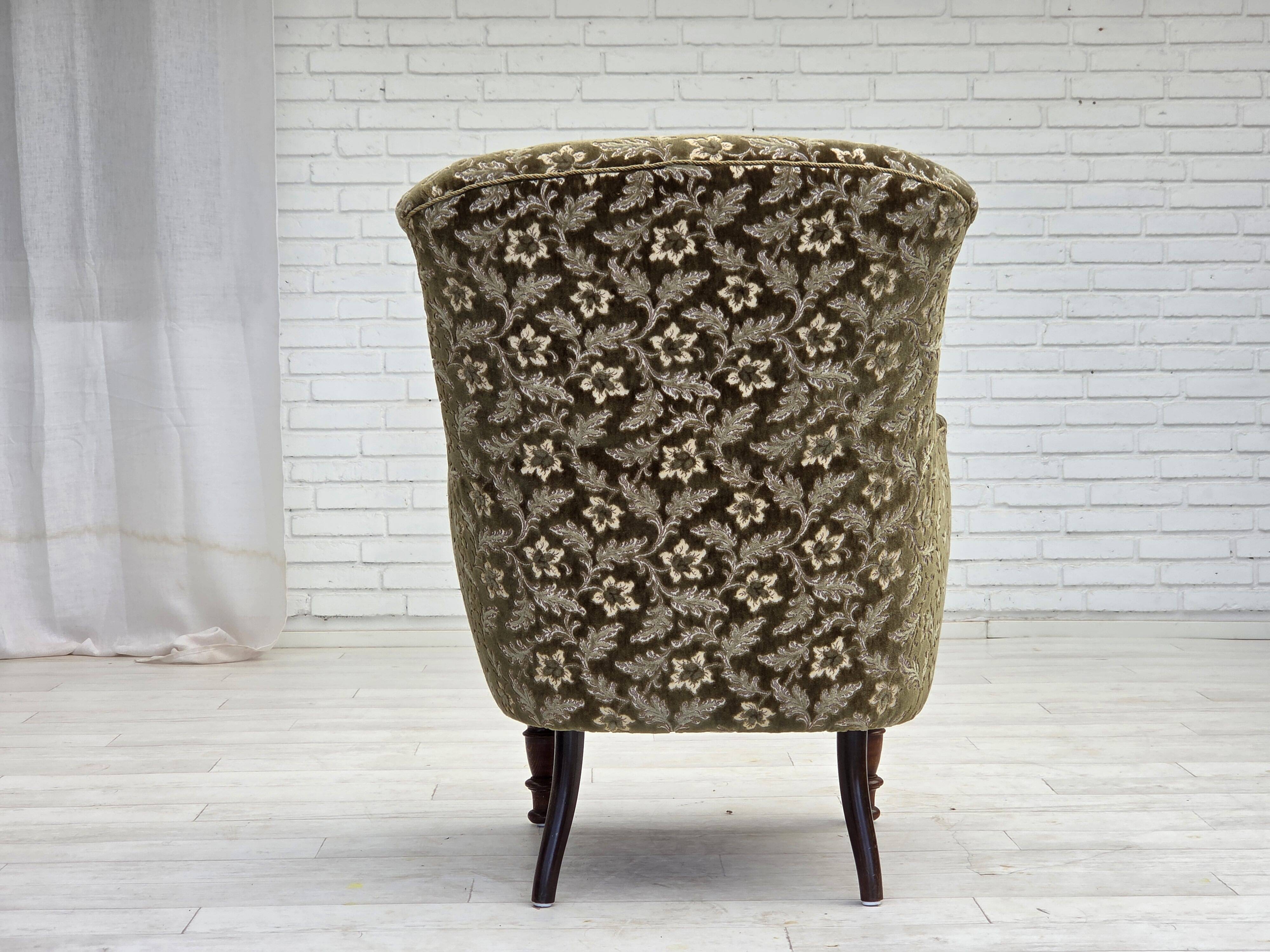 1950s, Danish armchair, green furniture velour, ash wood legs.