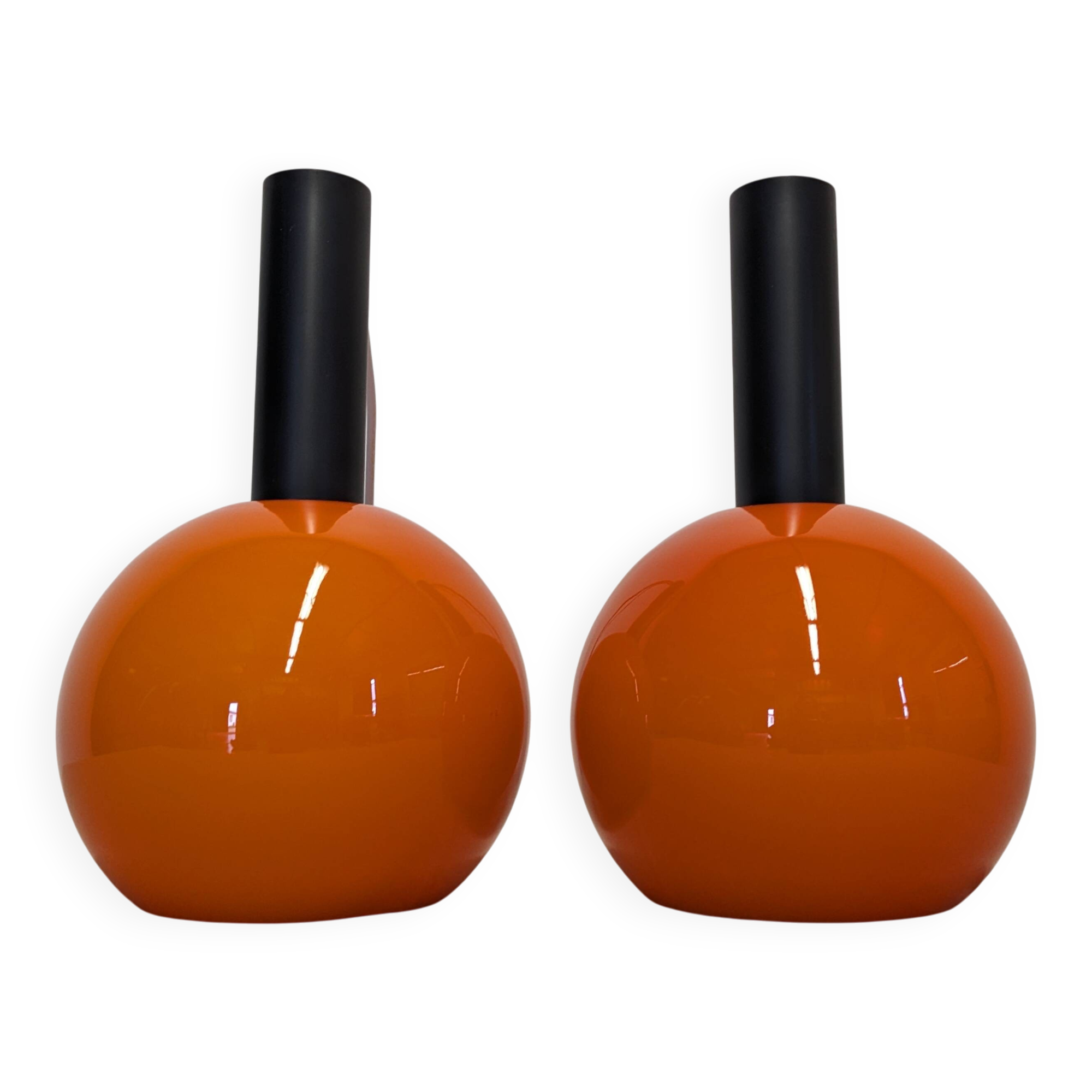 Pair of orange opaline ball pendants by Parscot, France circa 1970.