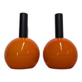 Pair of orange opaline ball pendants by Parscot, France circa 1970.
