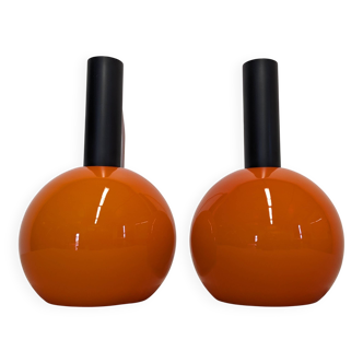 Pair of orange opaline ball pendants by Parscot, France circa 1970.