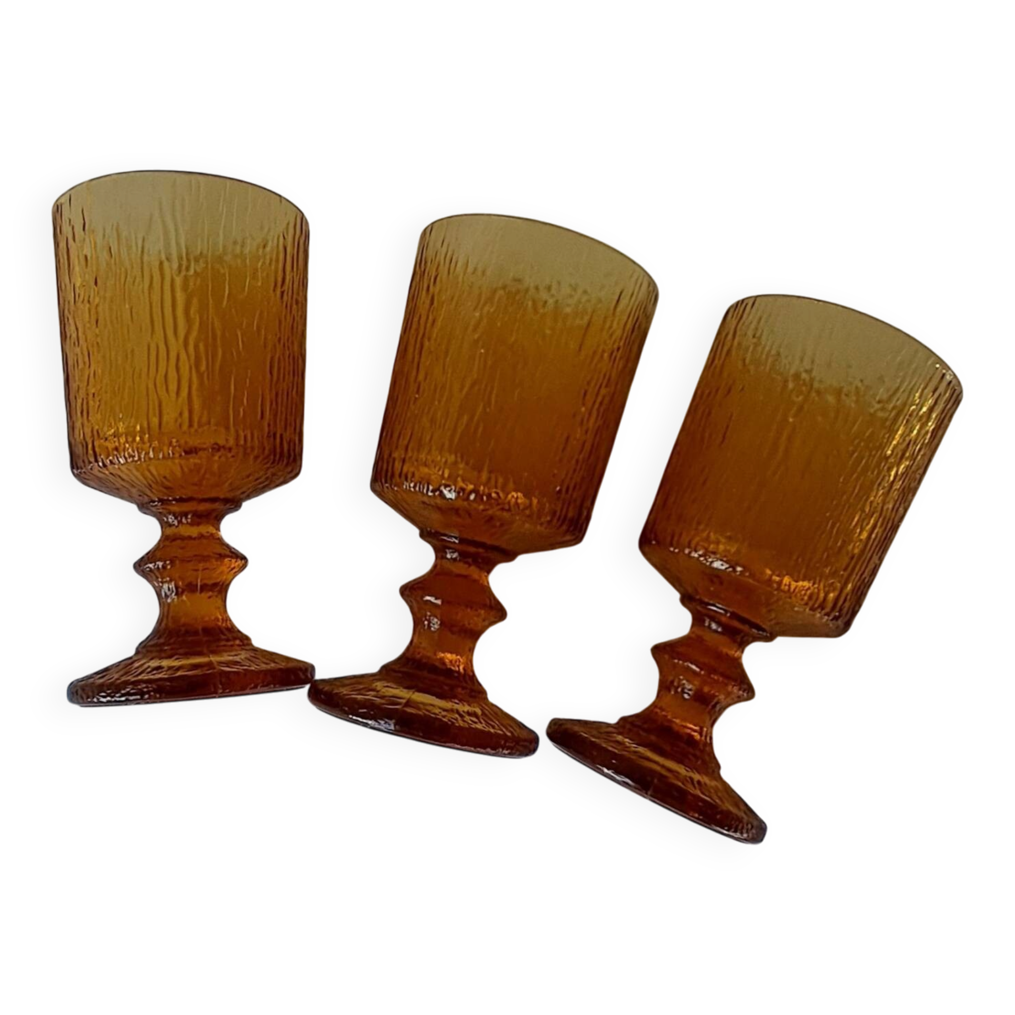 3 textured amber stemmed glasses. Vintage.