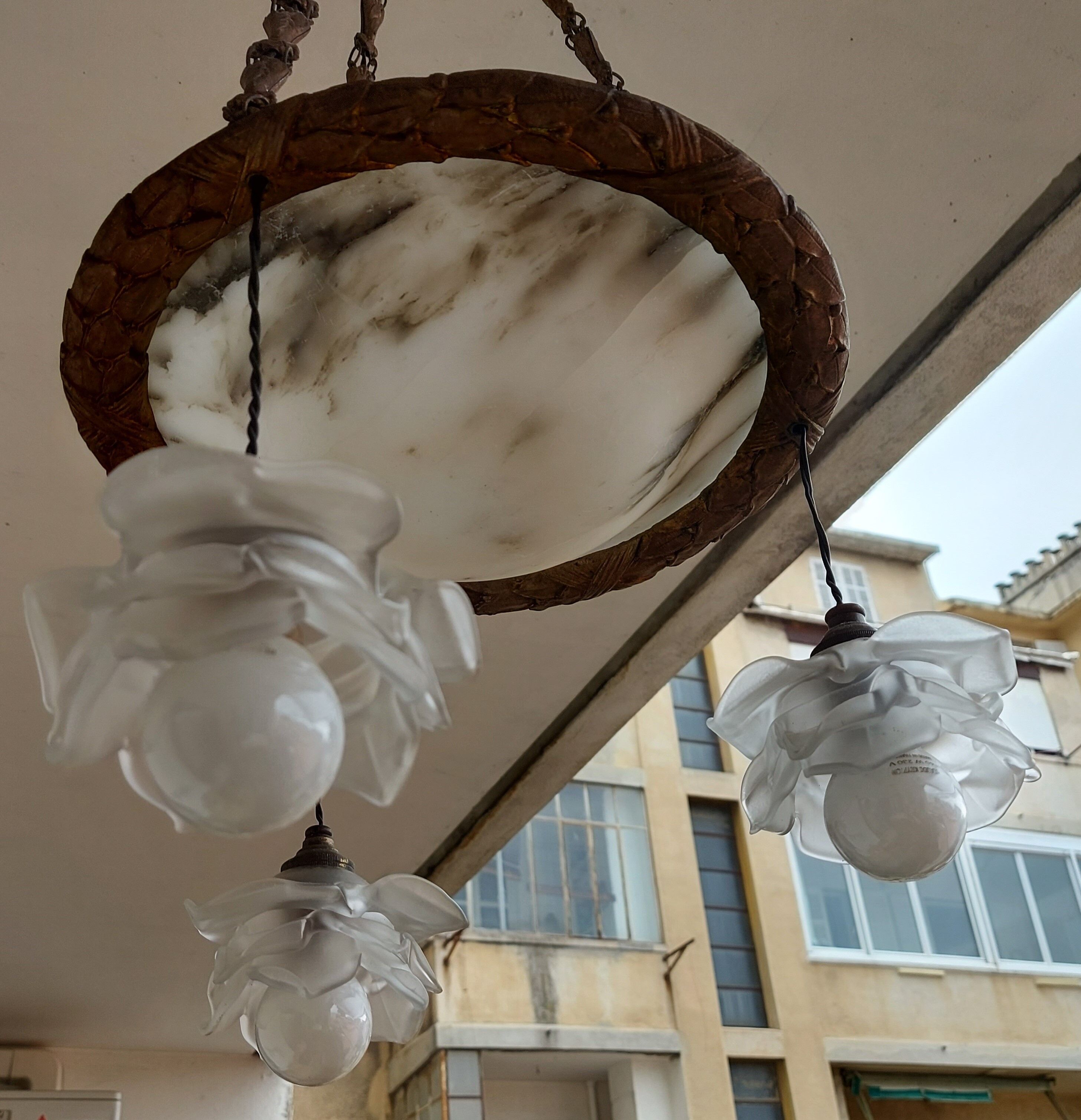 art nouveau chandelier, alabaster shells, molded glass and bronze