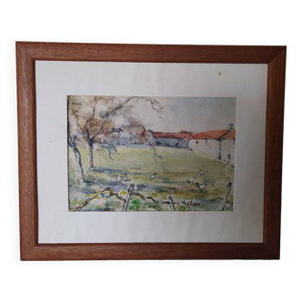 aquarelle signée René Lacaze Cour de ferme