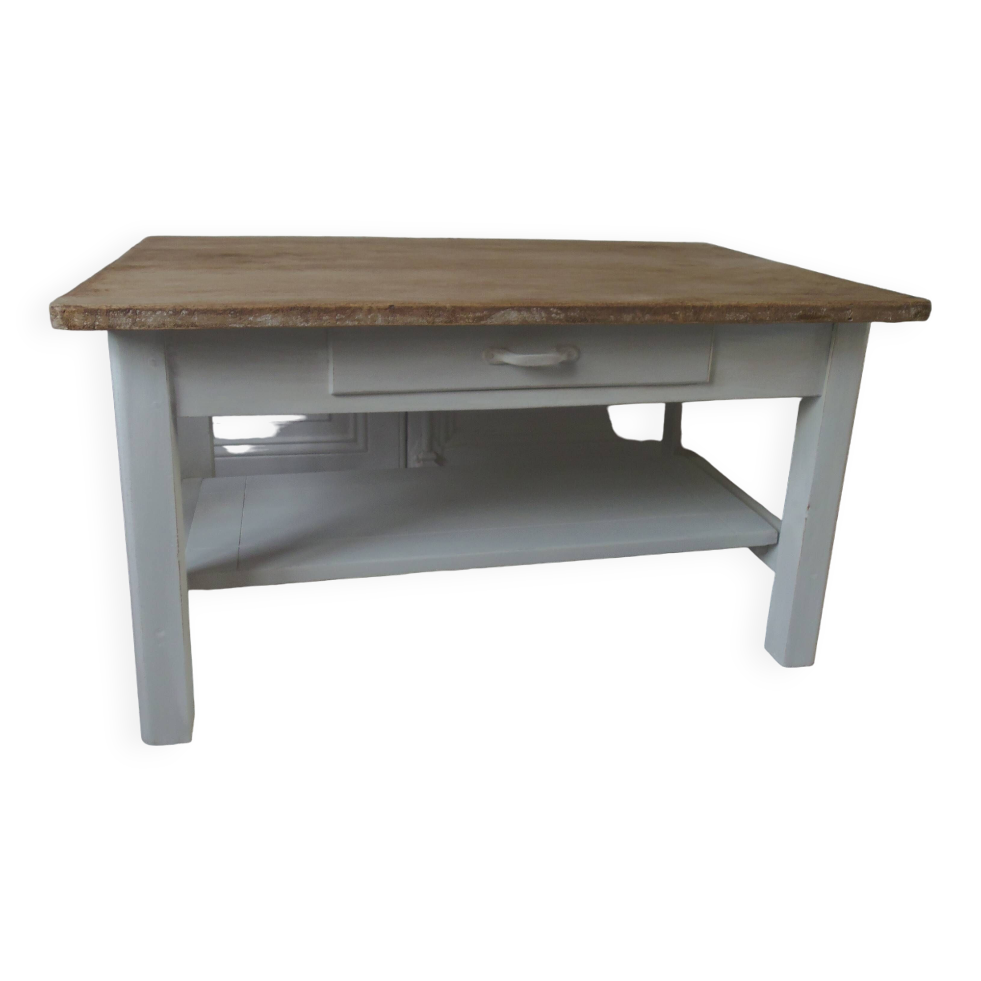 Coffee table made from a vintage table, pearl gray patina, wooden top.