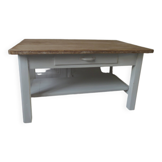 Coffee table made from a vintage table, pearl gray patina, wooden top.