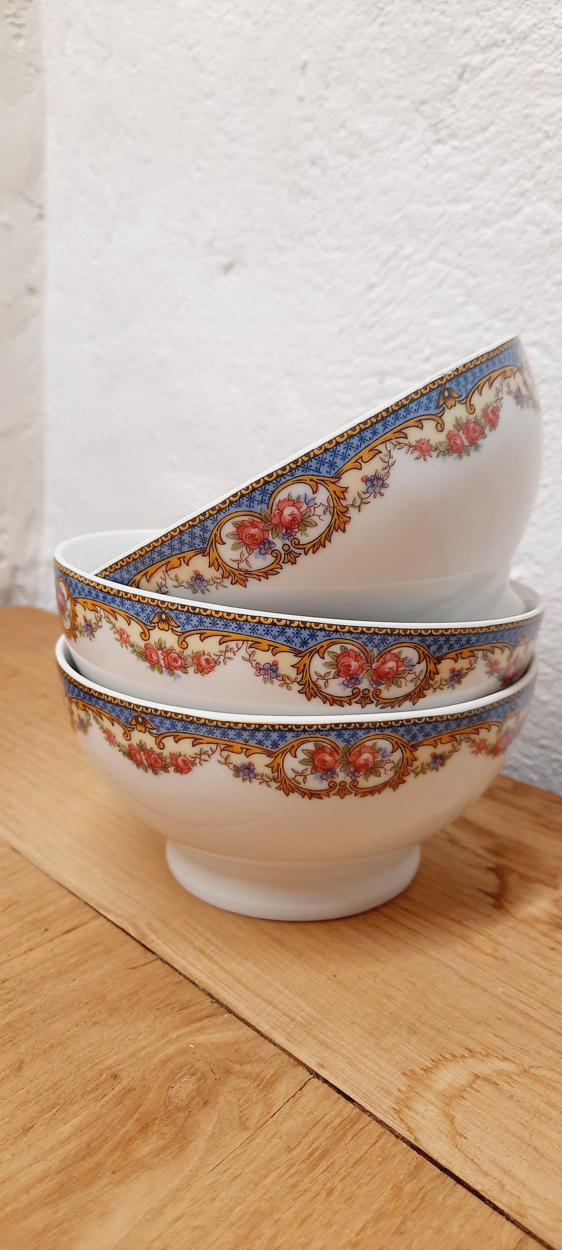 Set 3 bols porcelaine guirlande de fleurs