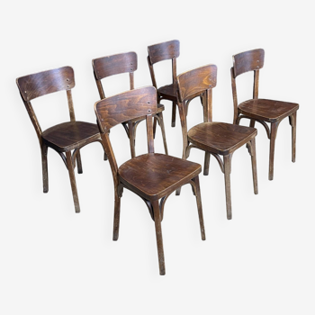 Ensemble de 6 chaises bistrot Baumann bois foncé années 50 France