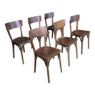 Ensemble de 6 chaises bistrot Baumann bois foncé années 50 France