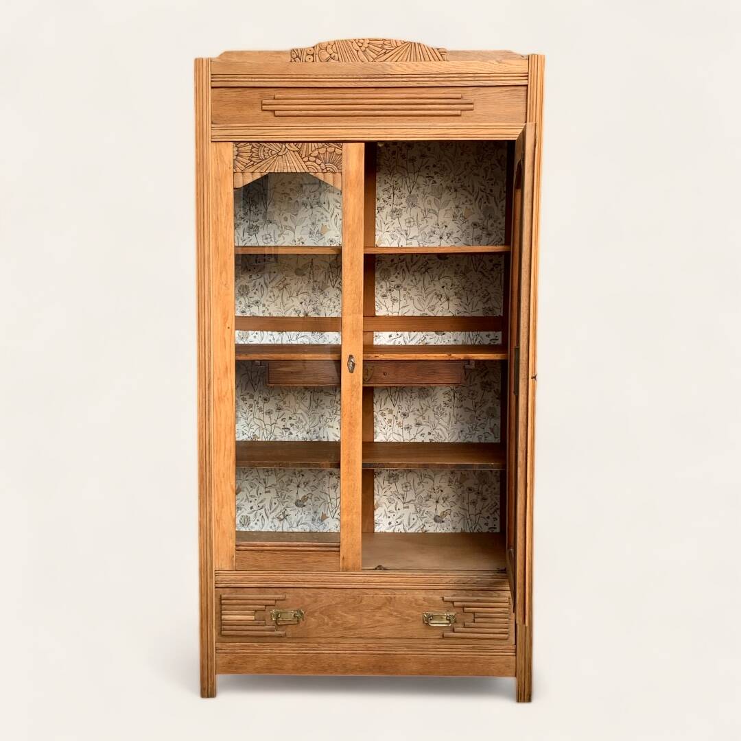 Parisian art deco glass cabinet in raw wood