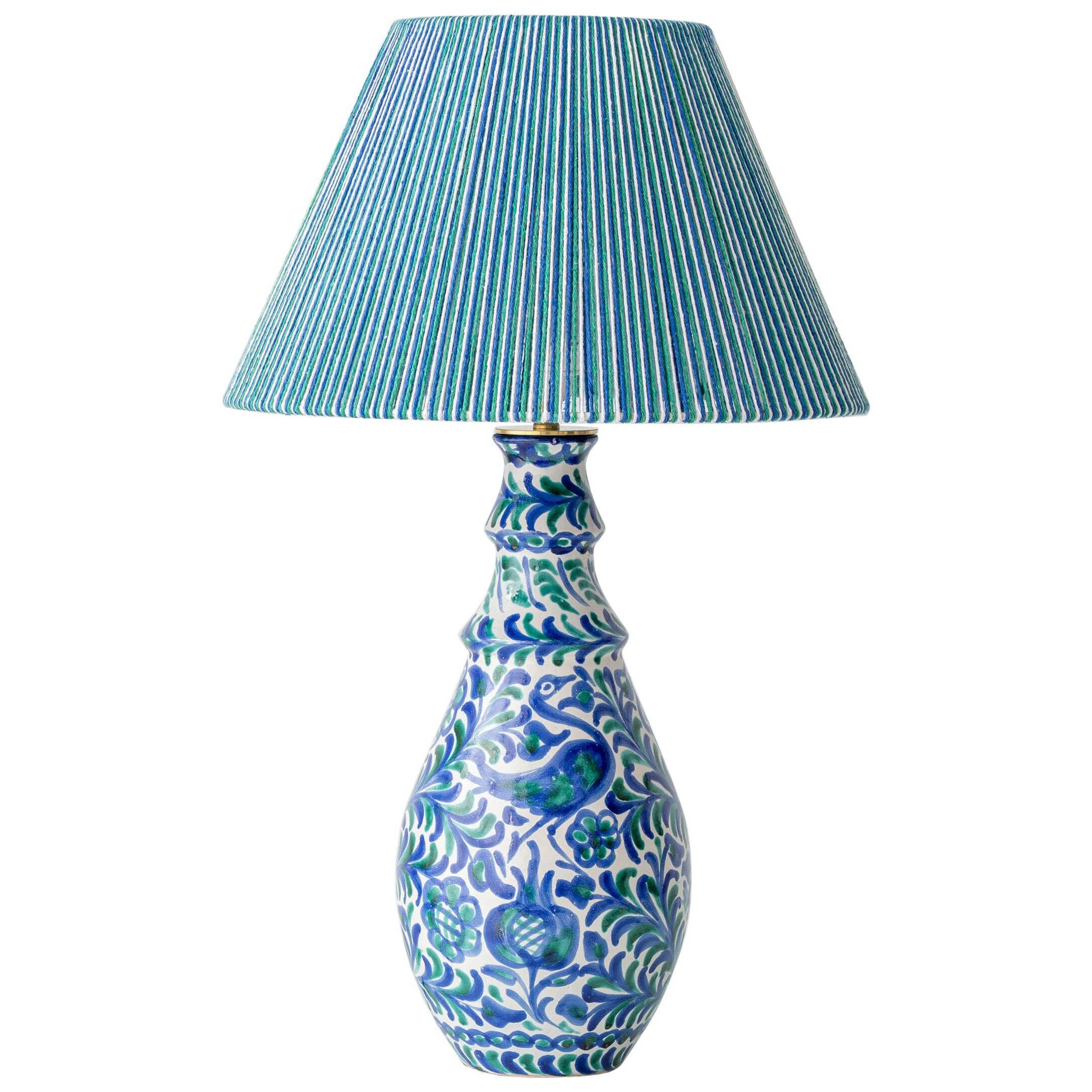 Fajalauza ceramic table lamp with hand-woven shade, Granada, Spain.