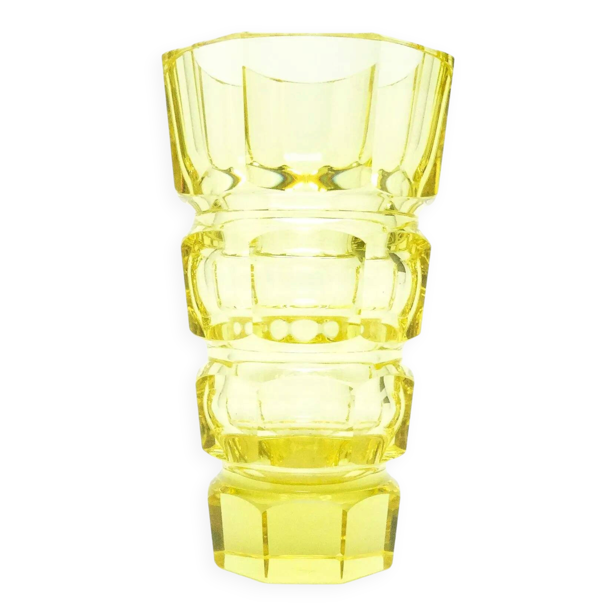 Art Deco vase, yellow crystal, design by J. Hoffmann, Moser, Czechoslovakia, 1930s
