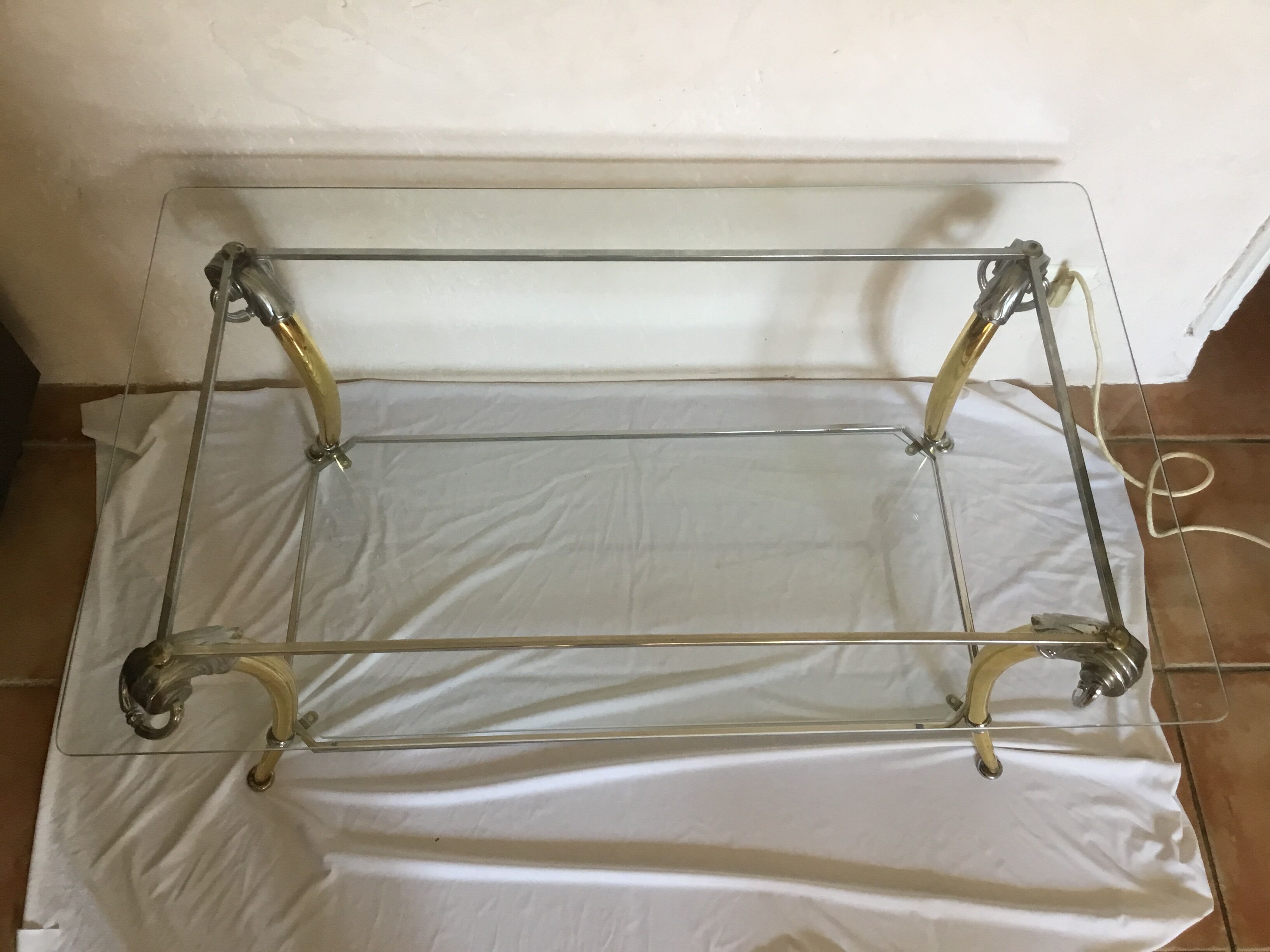 Table basse vintage chrome et dorée design 70-80