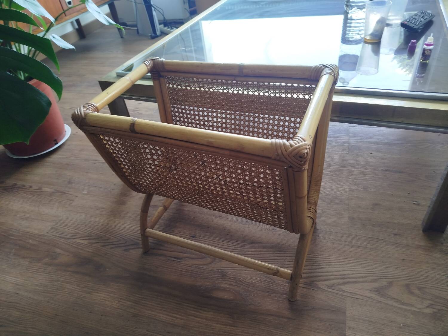 Fluted rattan magazine rack, 1950s