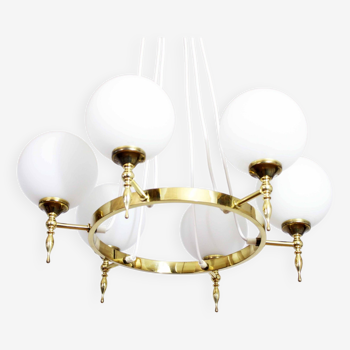 Kaiser Leuchten mid century brass chandelier and opaline balls