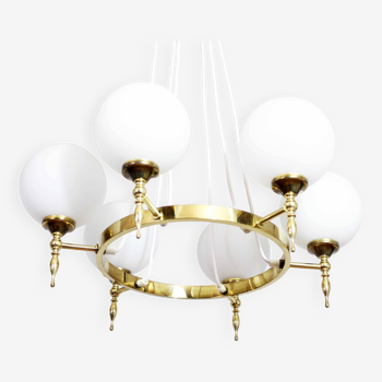 Lustre Kaiser Leuchten mid century laiton et boules en opaline