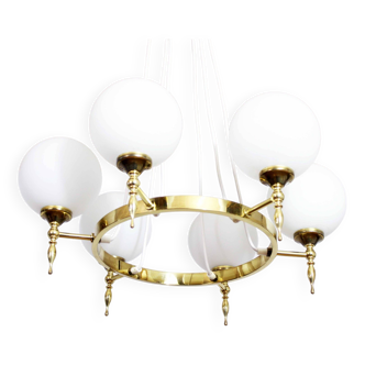 Lustre Kaiser Leuchten mid century laiton et boules en opaline