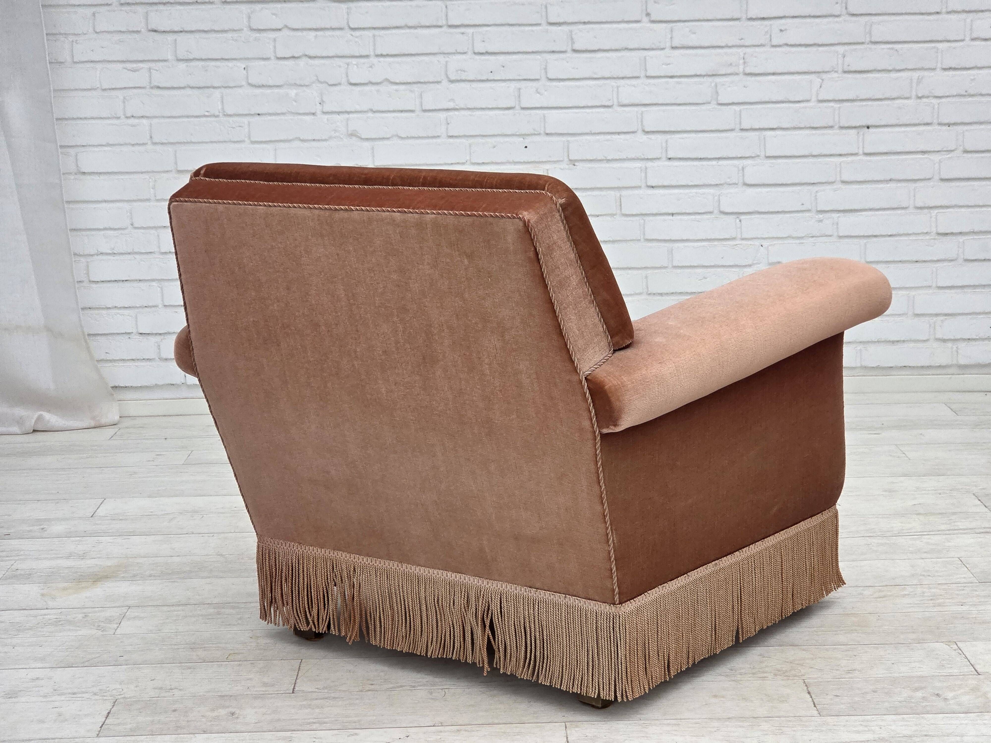 1970s, Danish armchair, salmon pink furniture velour, beech wood.