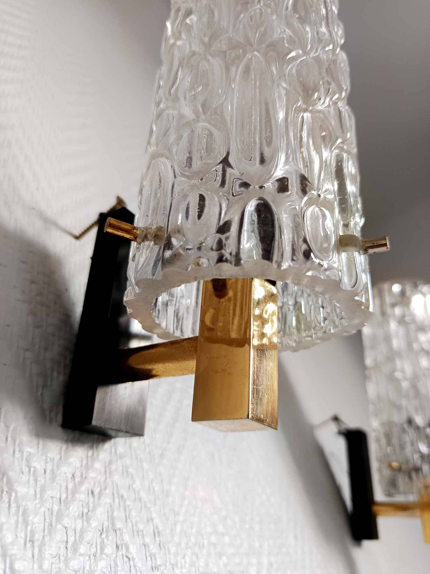 Pair of 1950s brass and glass wall lights