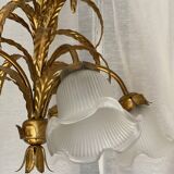 Vintage 1970s golden metal palm chandelier in the style of JANSEN.