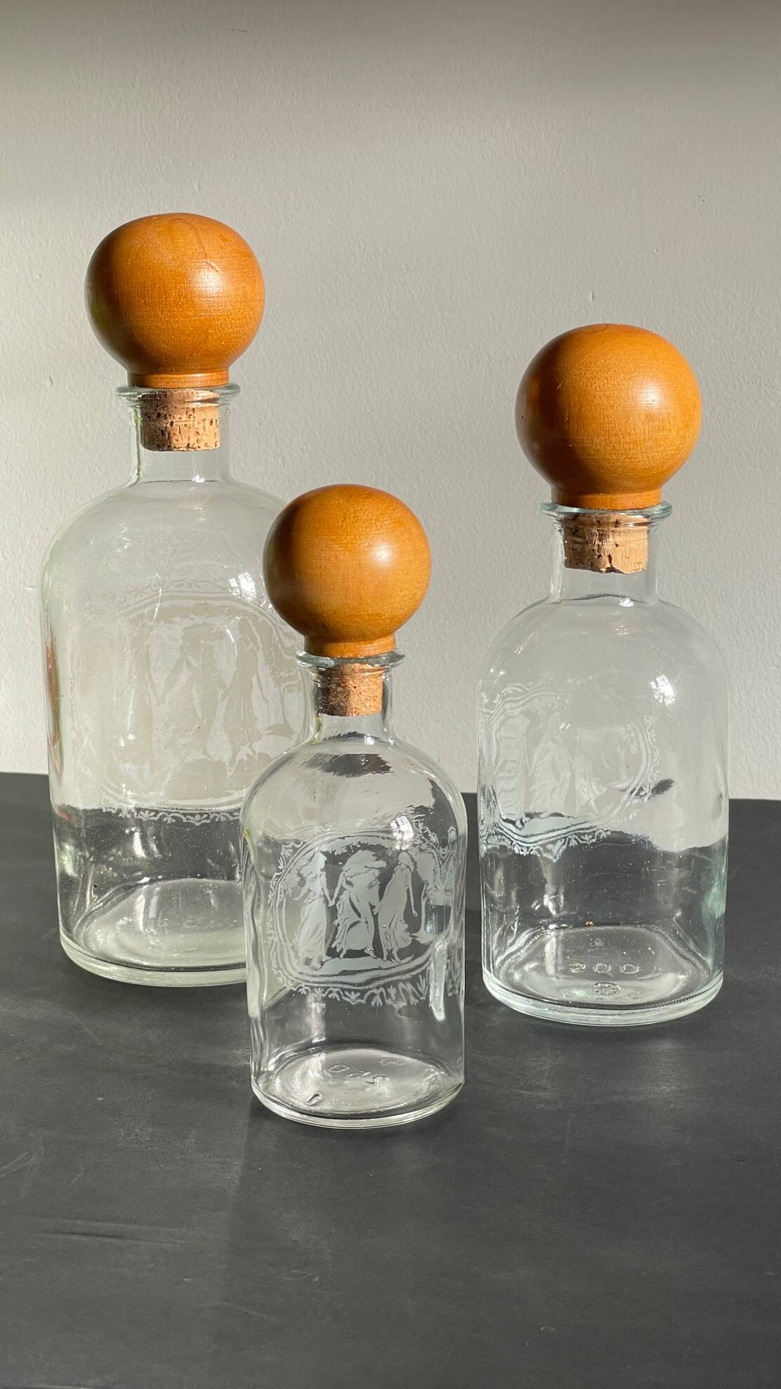 BOTTLES Engraved Glass and VINTAGE Wood