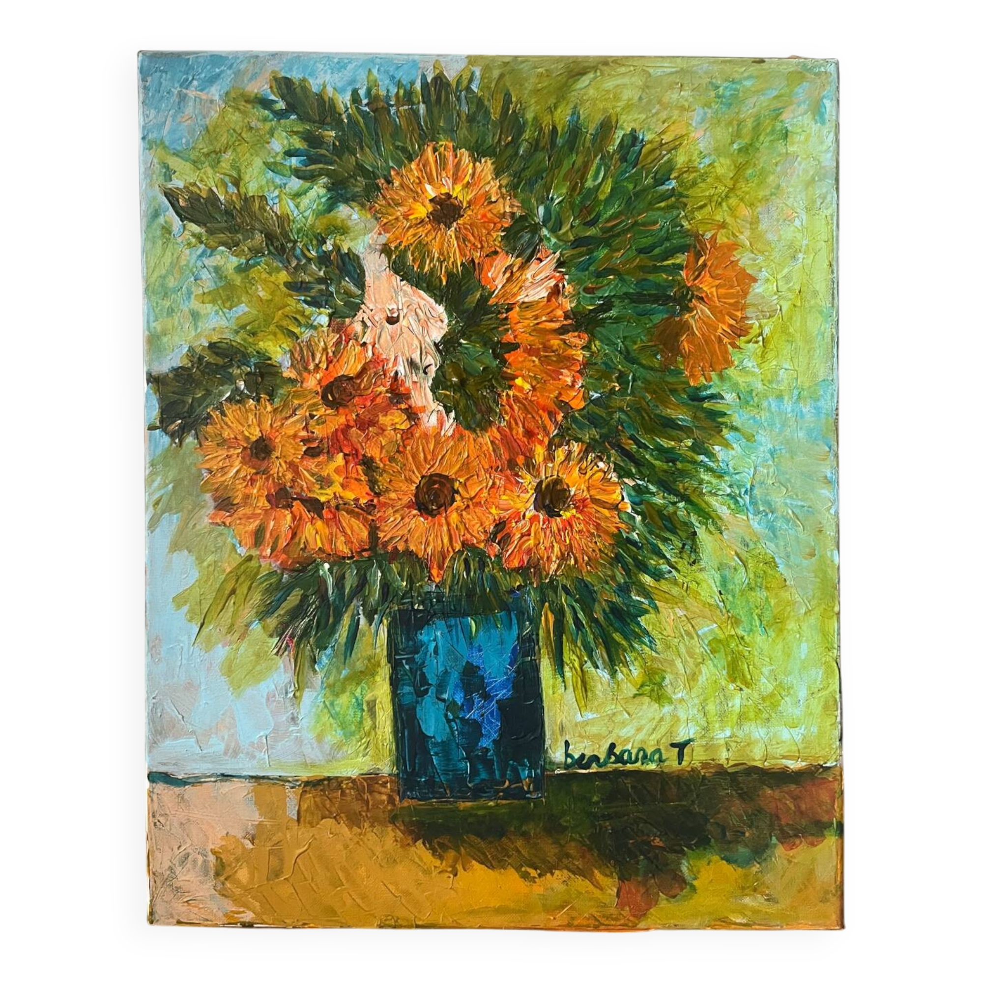 Sunflowers in a blue vase, knife technique, signed