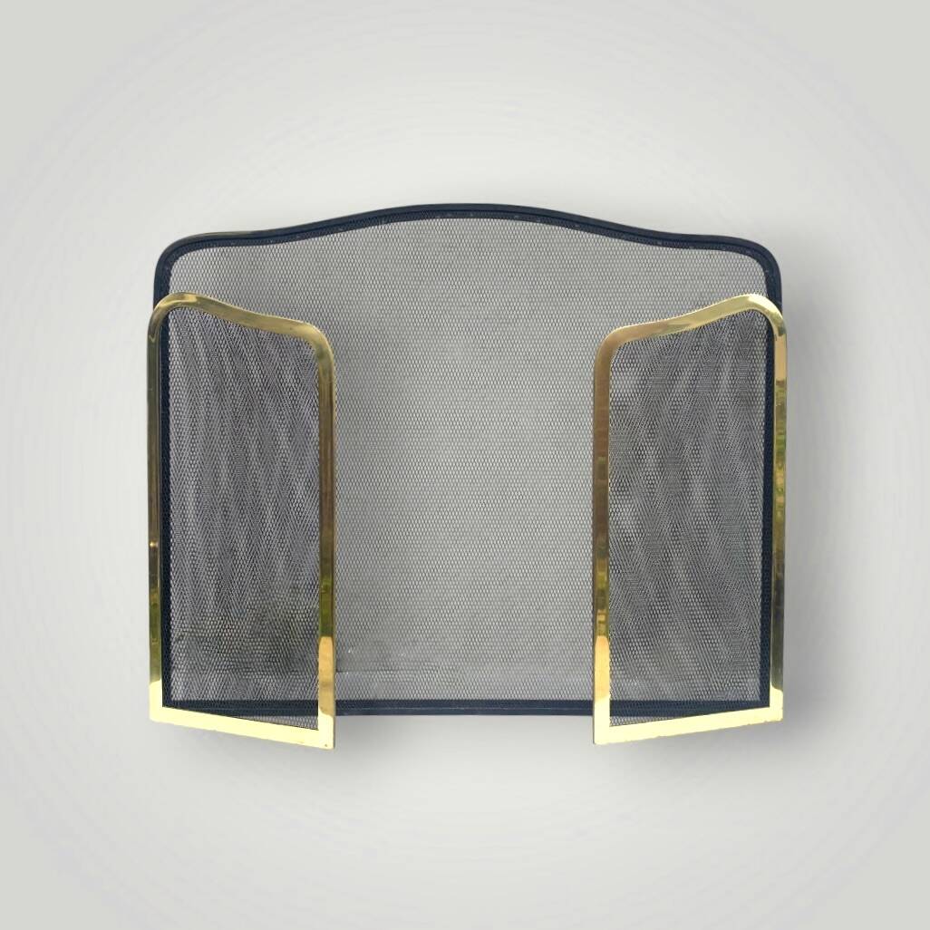 Ancien pare-feu pliable en acier brossé et métal doré