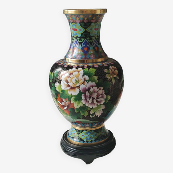 Grand Vase chinois en émail cloisonné. Années 50. Motifs floraux/Oiseaux exotiques 31 x 17 cm