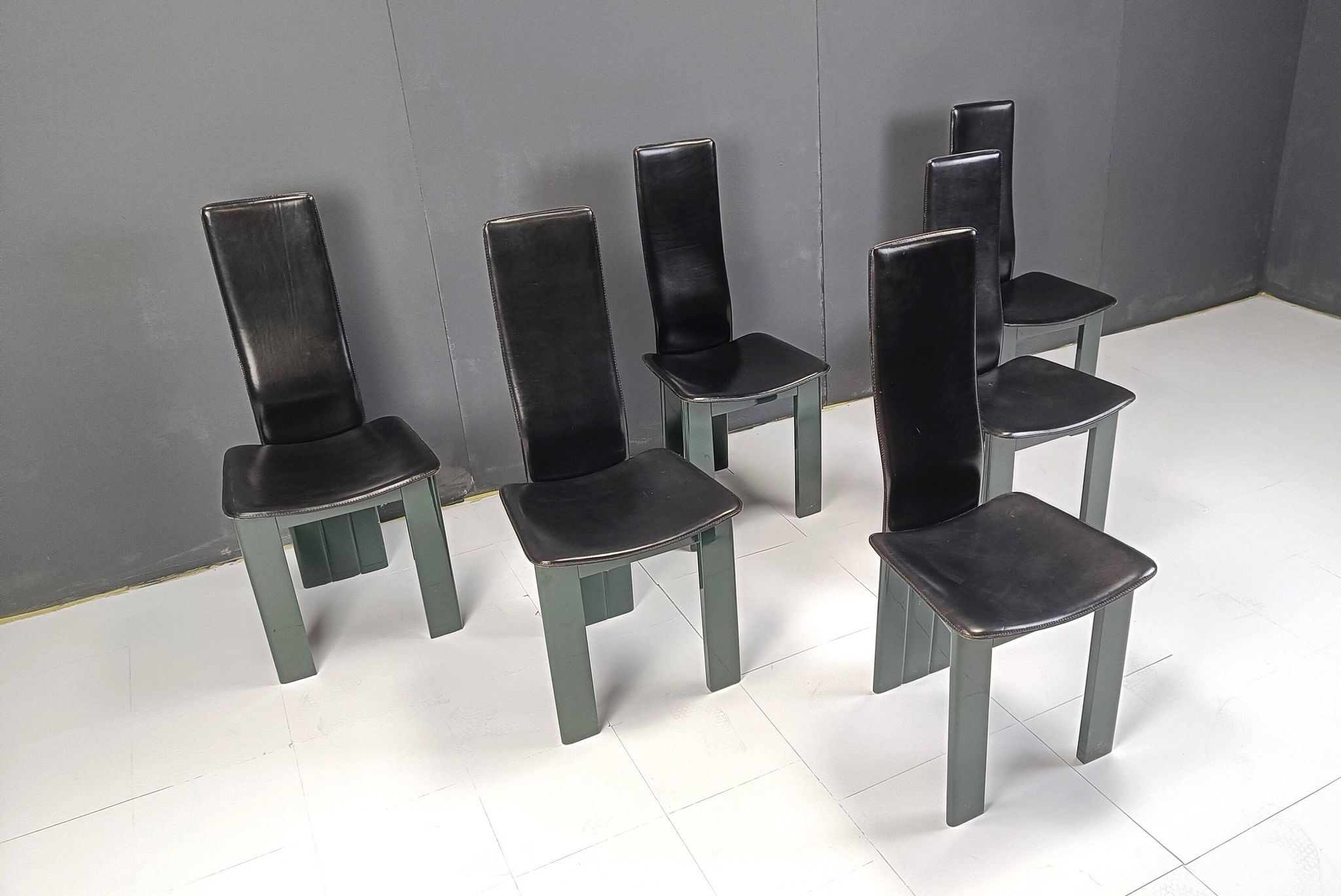 Copy of set of 6 Italian leather and green lacquer dining chairs, 1980s