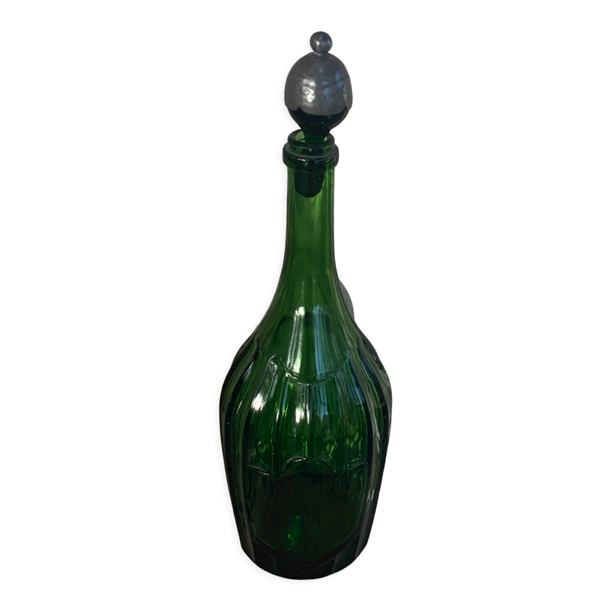 Bottle, green glass bottle green stopper and antique pewter