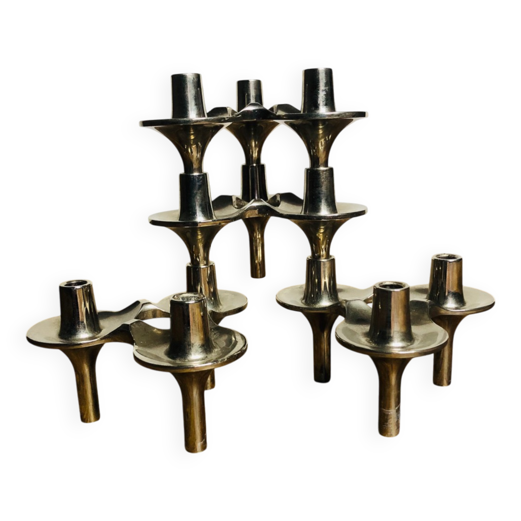 Bougeoirs modulables de métal chromés par Nagel & Stoffi . Set de 4