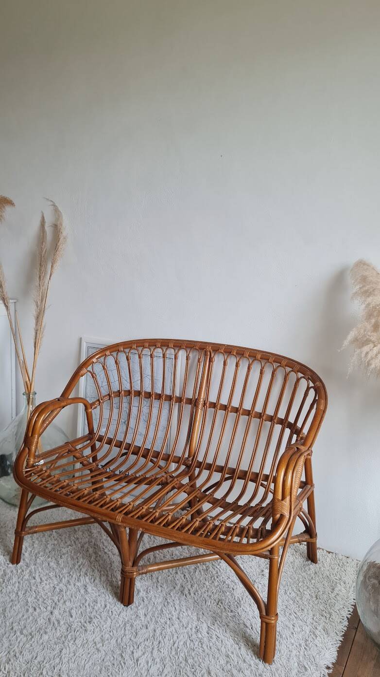 Vintage 1970s rattan bench