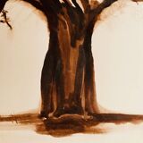 Signed monochrome watercolour painting of a baobab tree, South Africa.
