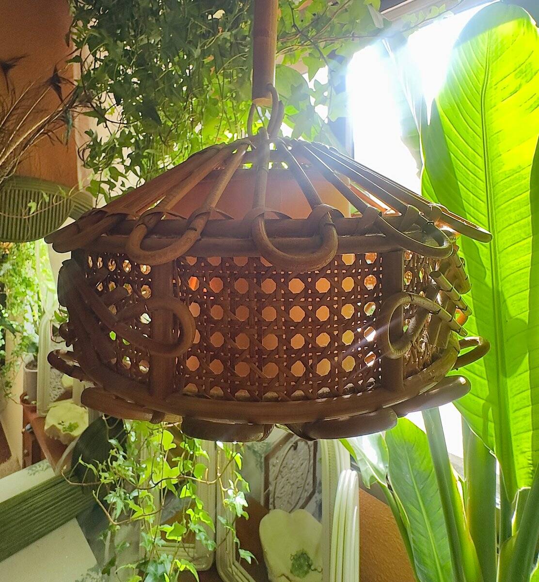 Suspended lamp in bamboo and rattan with chinoiserie details by Louis Sognot, 1950.