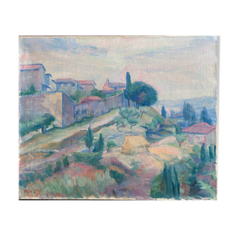 Tableau HST Paysage "Saint Guimignano" Florence - Italie signé M. de Lottis 1959