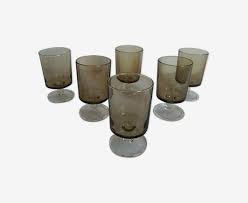 6 Old Luminarc Smoked Foot Glasses H11.5 cm