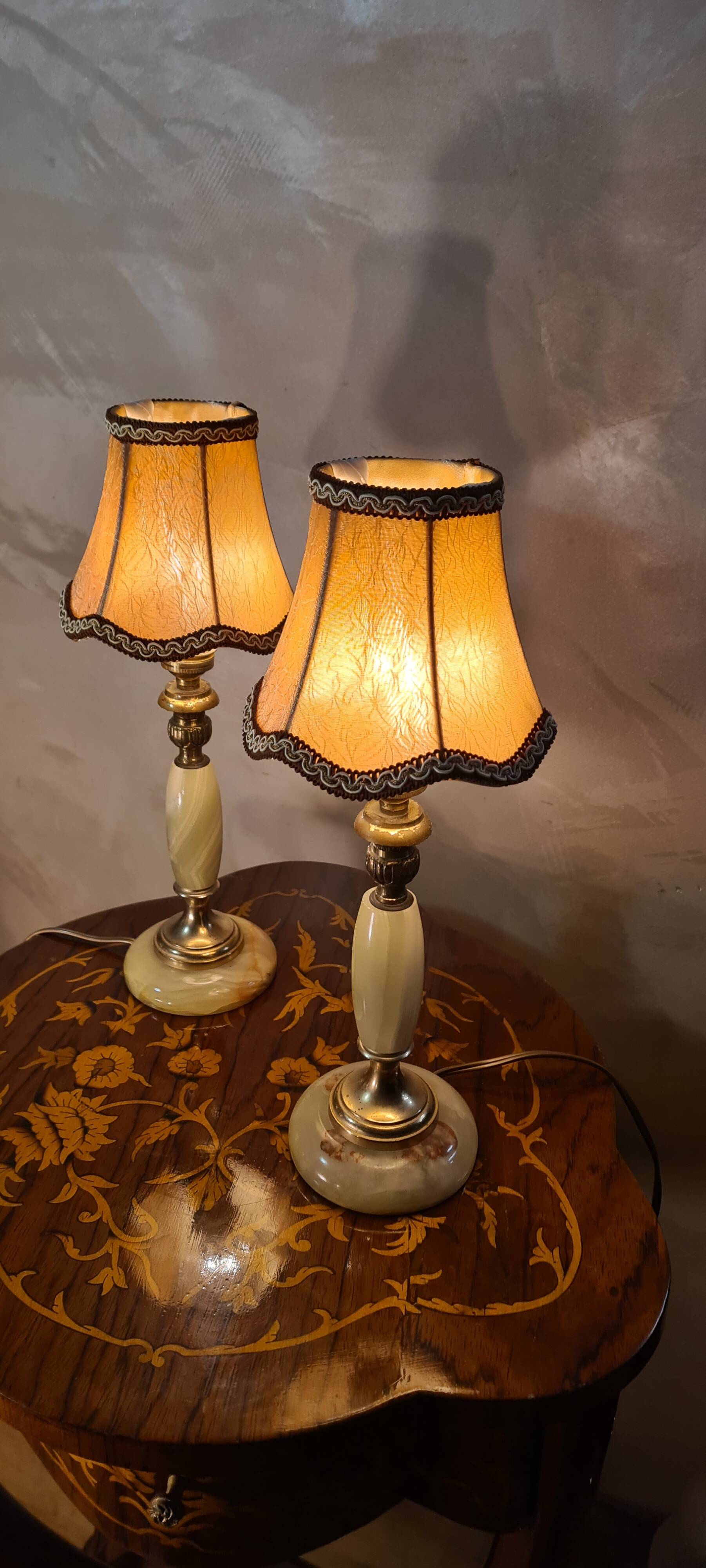 pair of green and brass onix lamps 1970, elec ok 35x14