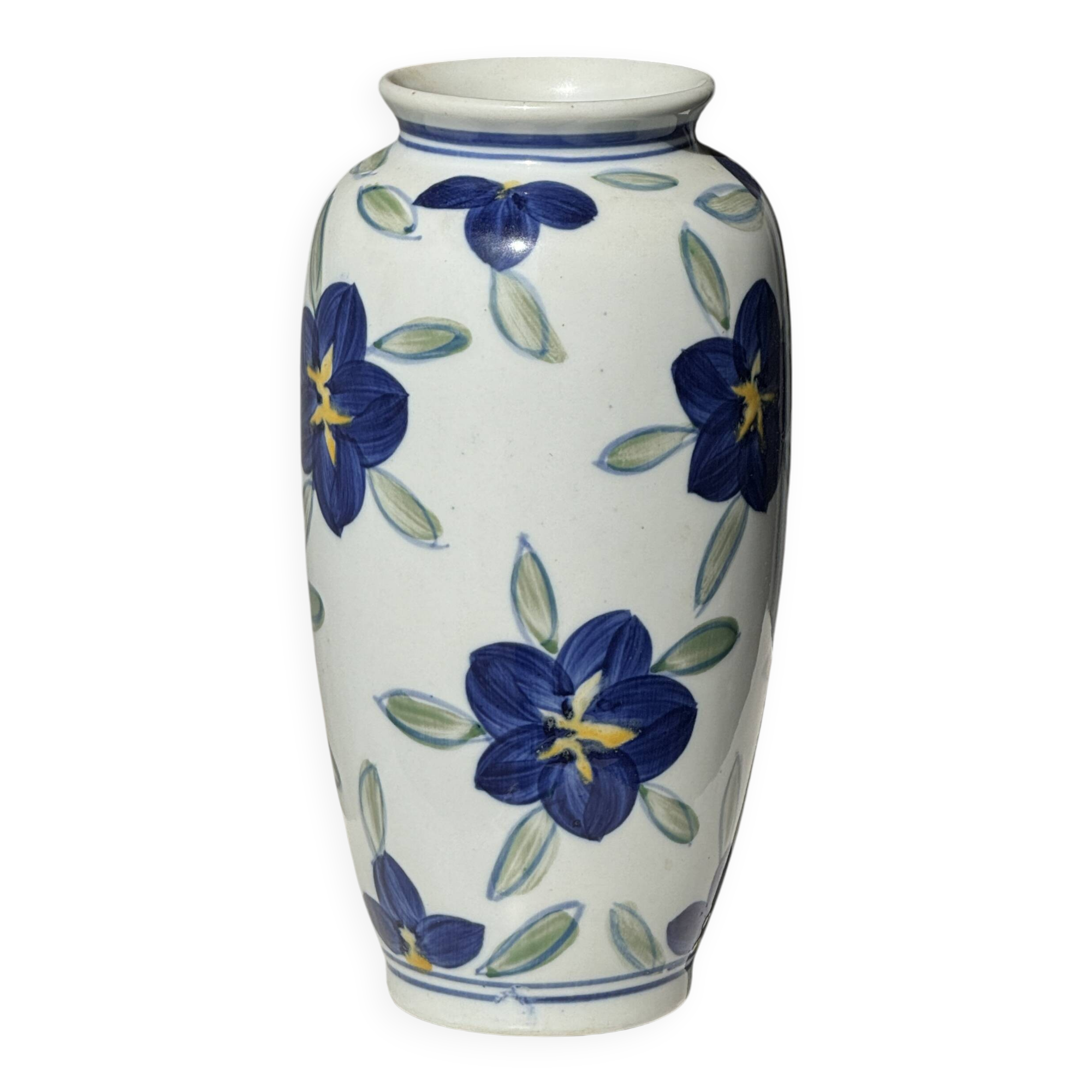 Vase white background stylized blue, yellow and green flowers H24.5 D12
