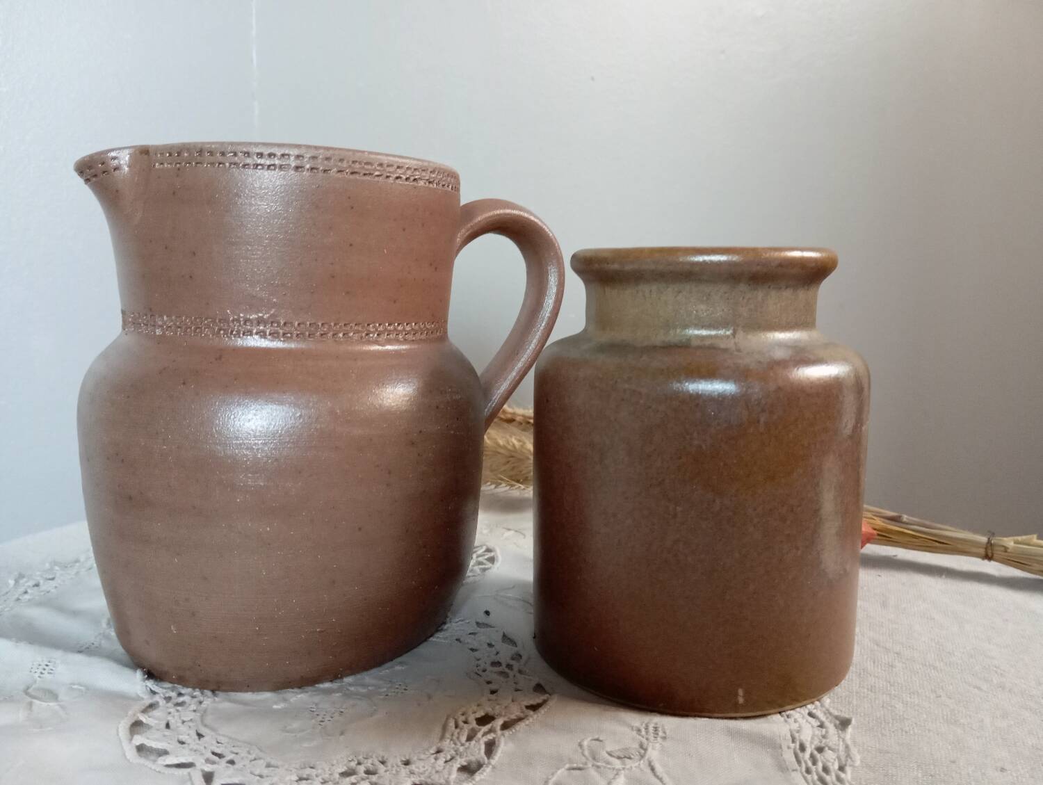 Duo of stoneware ceramic, pitcher and pot, vintage